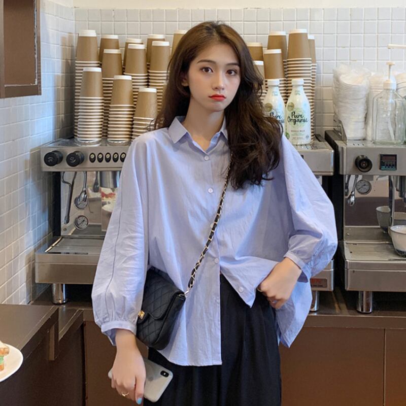 ブルーシャツ スプリングオータムスタンダードスタイルルーズトップス ロング レトロ 春物 秋物 試着室78037476903