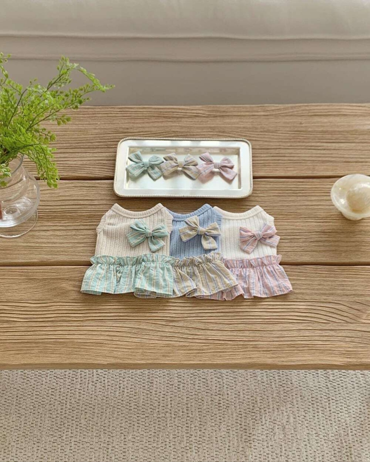 即納 【near by us】Ribbon knit top ベージュブルー 予約販売