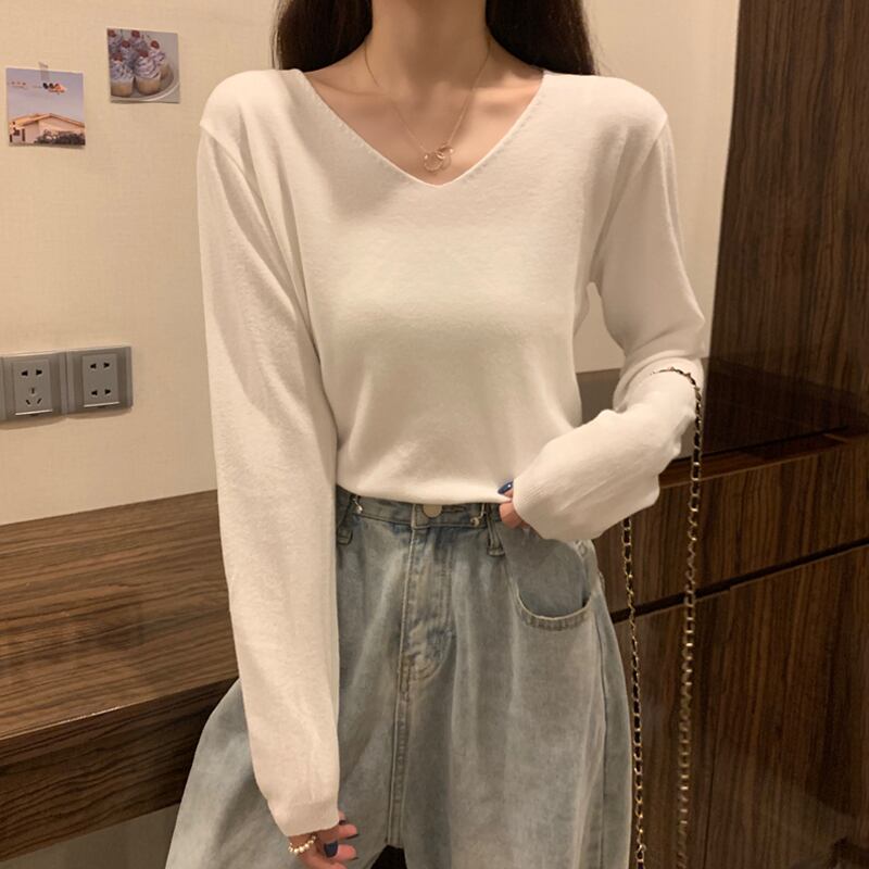 ホワイトニットシャツ スプリングオータムVネックトップス ロング 春物 秋物 試着室44790516987