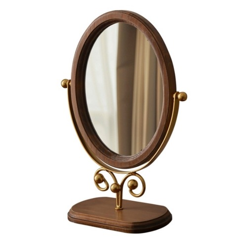 天然木 オーバル 卓上ミラー アイアンスタンド 角度調整 回転式 化粧鏡 バニティミラー 楕円 ウッドフレーム ナチュラル アンティーク調