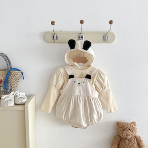 【BABY】秋新作帽子付き熊デザインロンパース