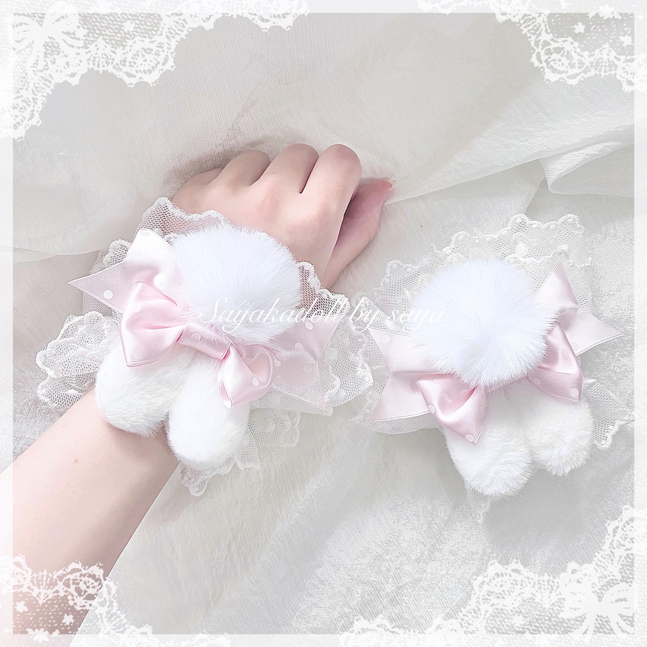 ♡【全5色】MAID うさぎさん付きドット柄リボンカフス／お袖留め white ♡