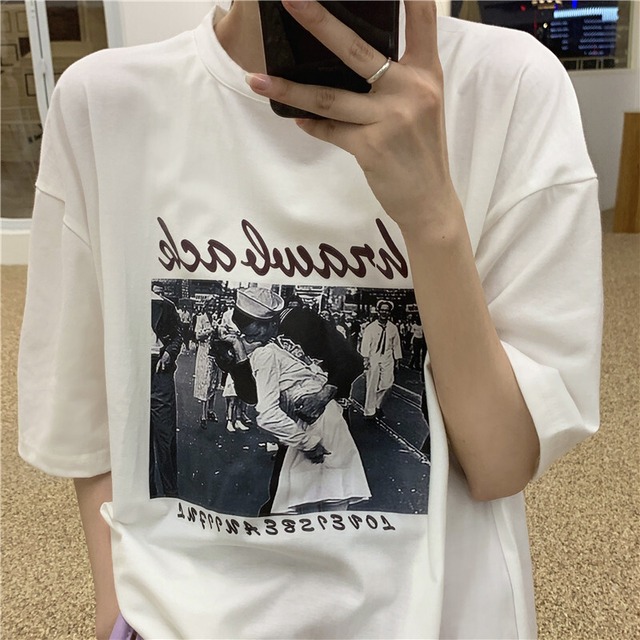 プリントTシャツ サマースタイルルーズカジュアルホワイトトップス かわいい 夏物 クレセントシティ91504518067