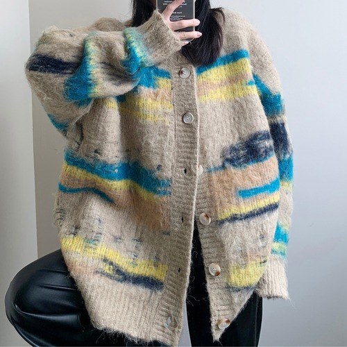multicolor shaggy knit cardigan　マルチカラーシャギーニットカーディガン　J0609