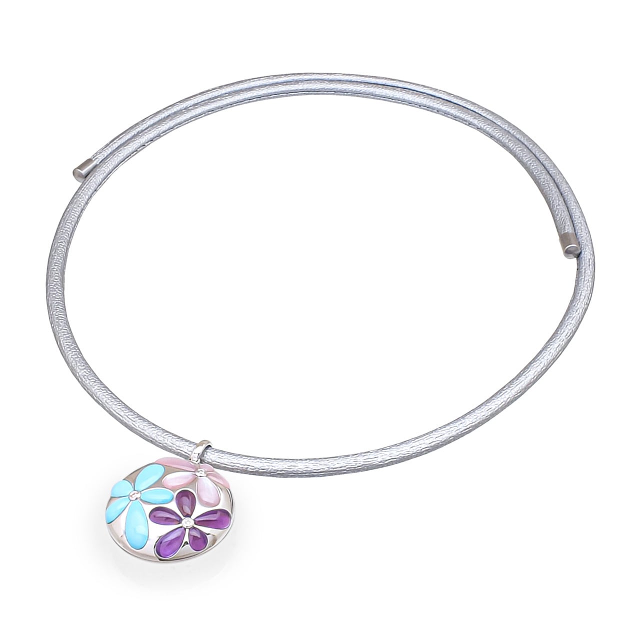 K18WG アメジスト トルコ石 シェル ダイヤモンドネックレス