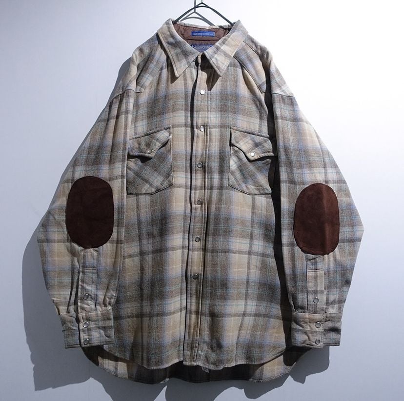70s “Pendenton”Ombre Check & Elbow Patch Design Wool Western Shirt