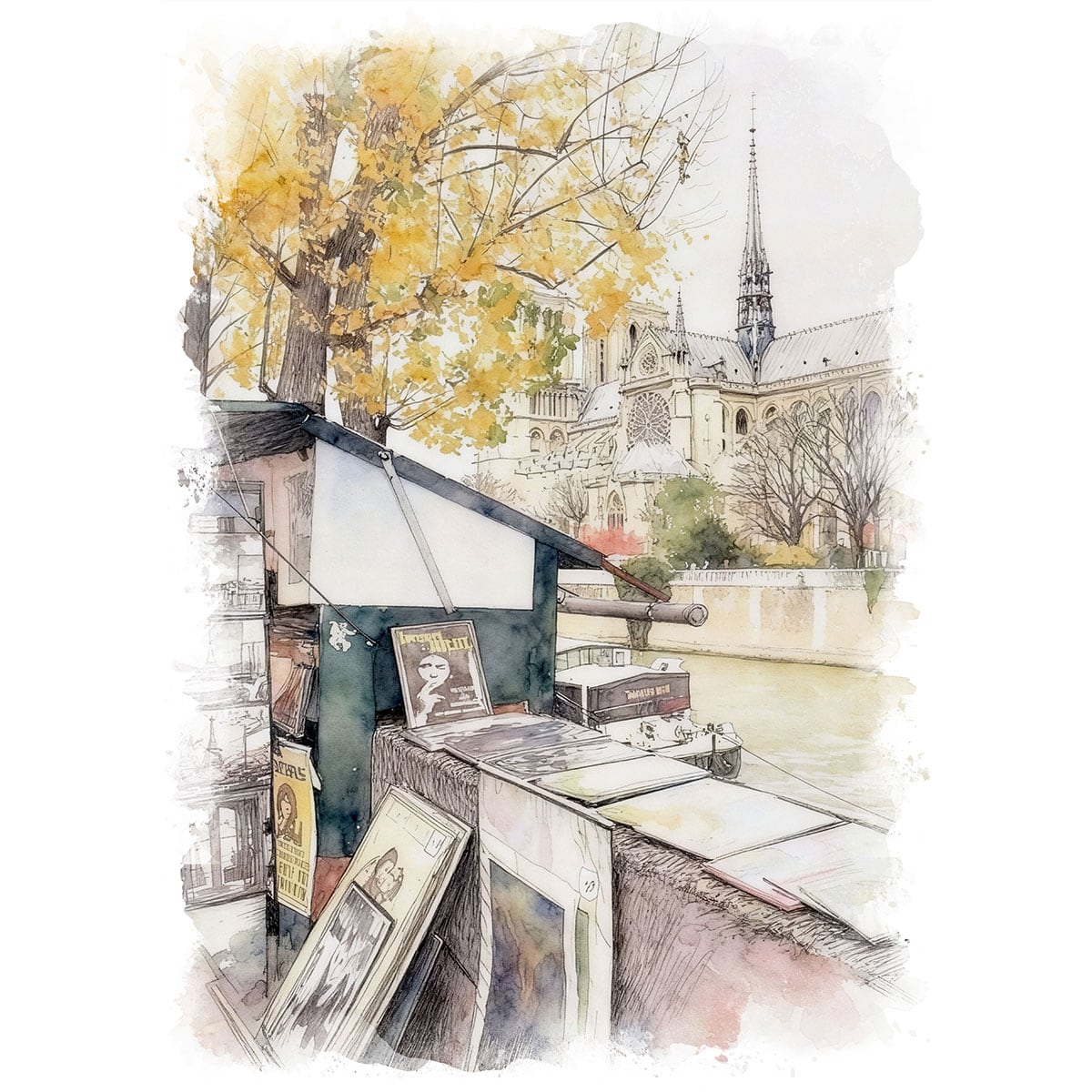 絵画 フランス 風景画(街並み) セーヌ川とノートルダム大聖堂 インテリアアート額付き 水彩画・油絵調 WAT0470