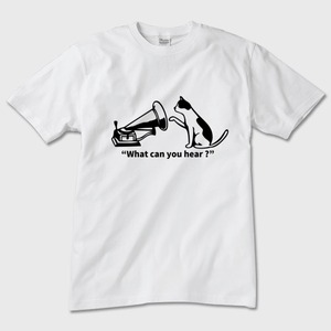 【ねこTシャツ】What can you hear ? 猫デザイン 白 ガーメントインクジェット印刷