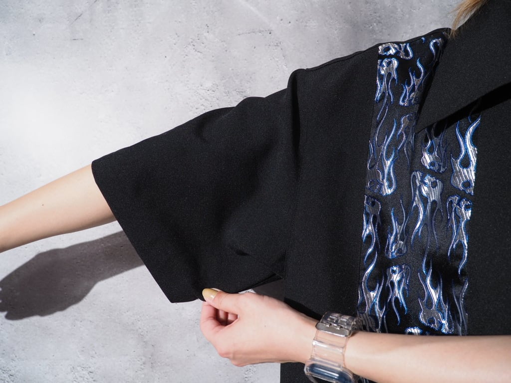 Skull × Flame pattern Satin switching vintage loose Open callar SS shirt