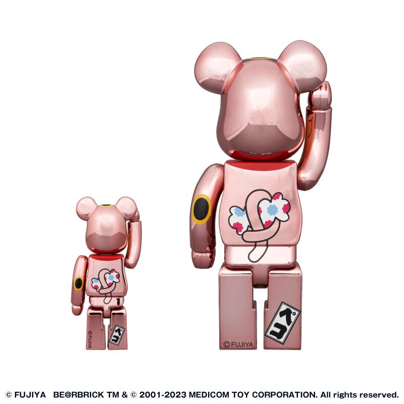 BE@RBRICK 招き猫ペコちゃん 金運ダブル小判 桃金メッキ100%400%