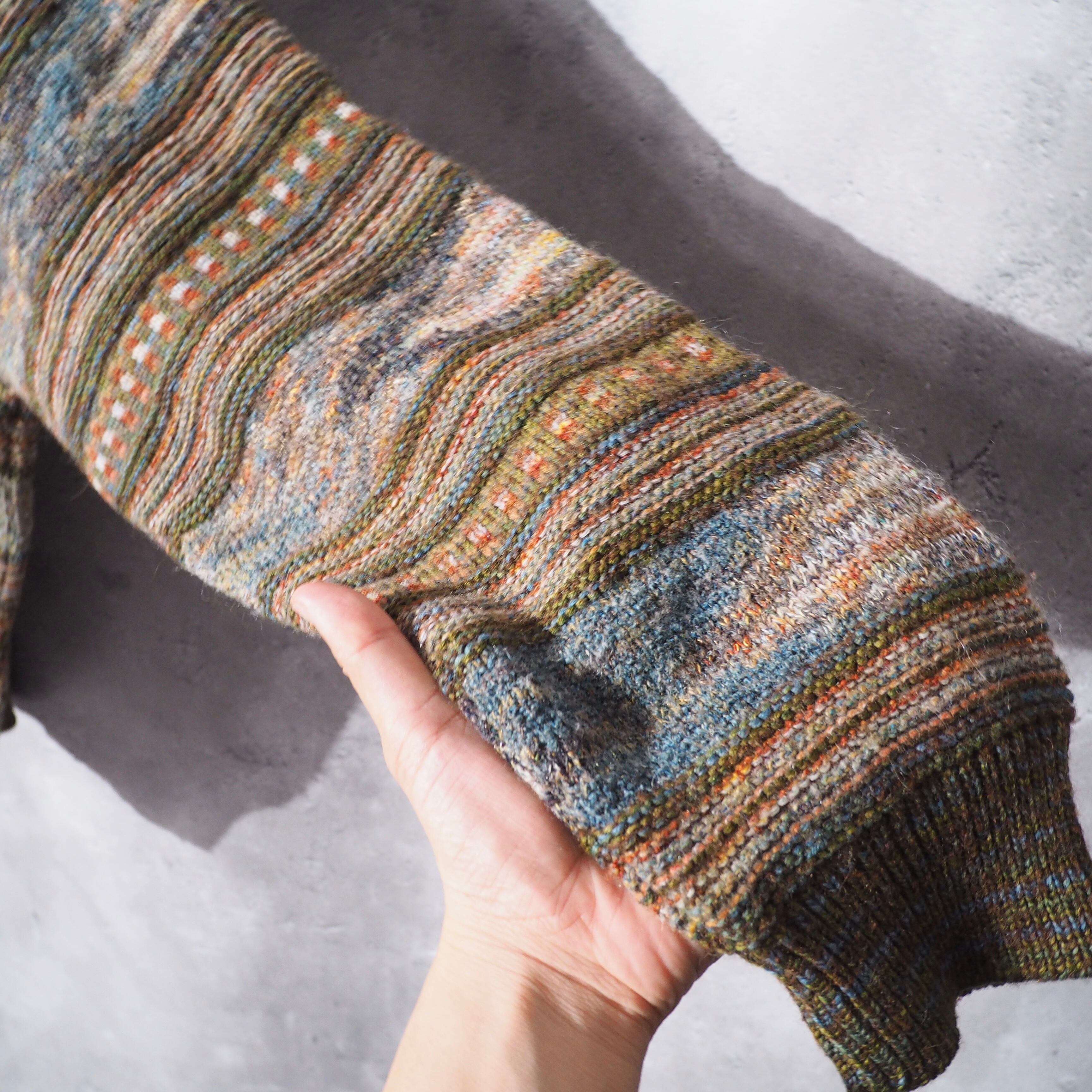 1980s " Made in Italy " Colorful mosaic × Border pattern vintage loose knit