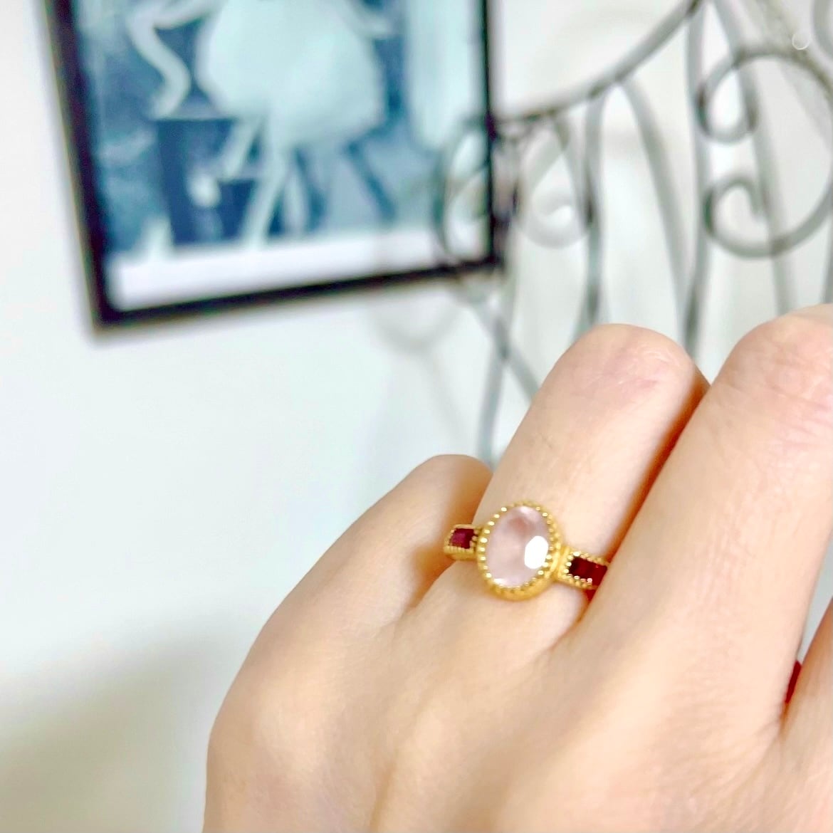 ローズクォーツ＆ガーネット ソリティアリング】#0580 | STELLA