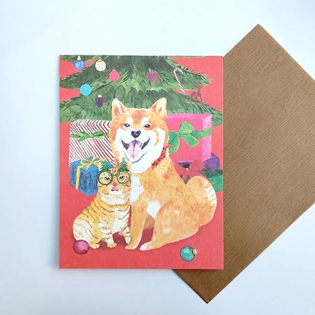 グリーティングカード クリスマスカード 犬猫 仲良し