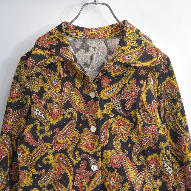 60～70s Hand Made ハンドメイド デザイン ペイズリー 総柄 ポリエステルシャツ サイケデリック 長袖 レトロ ヴィンテージ ビンテージ 古着 レディースXS～S相当