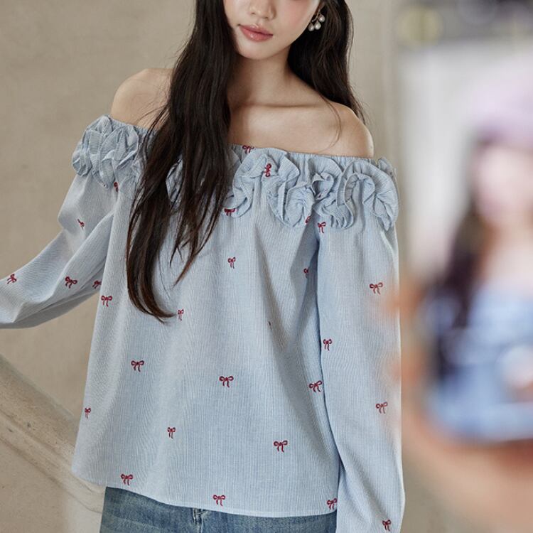 Frilled off-the-shoulder ribbon top 00204