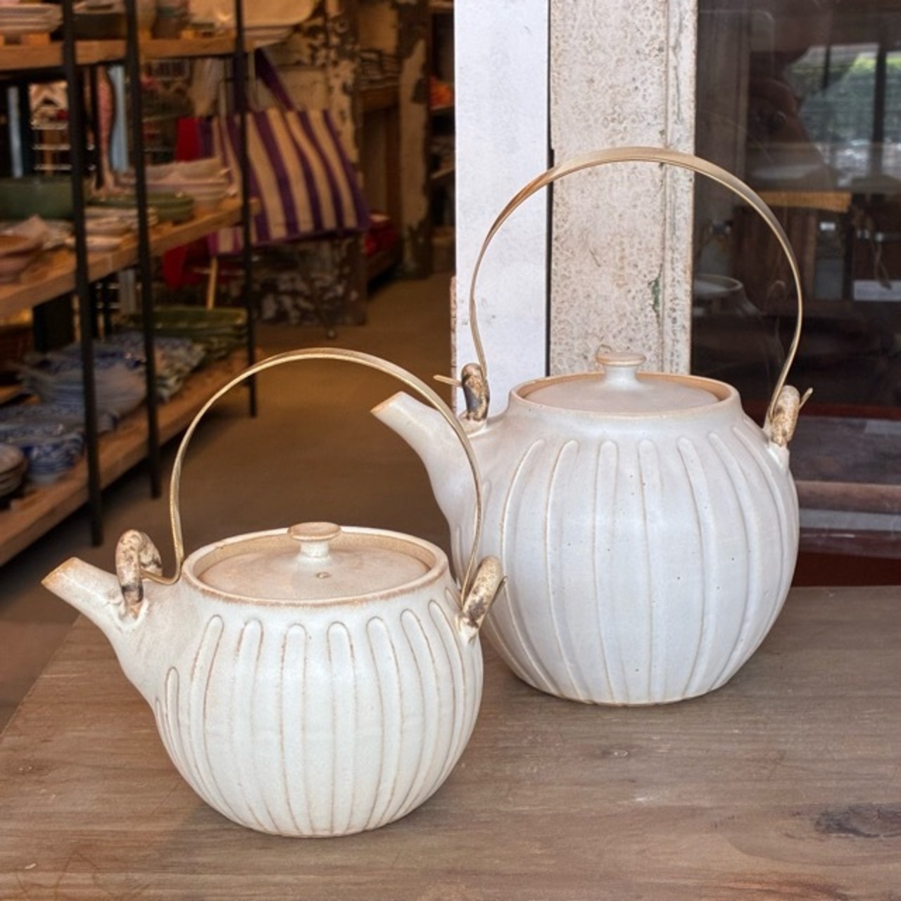 MASHIKO Brass handle teapot　益子焼　真鍮ハンドルティーポット　S　350ml　キナリ　紅茶　緑茶　ハーブティー　電子レンジOK　食洗機OK　ギフト
