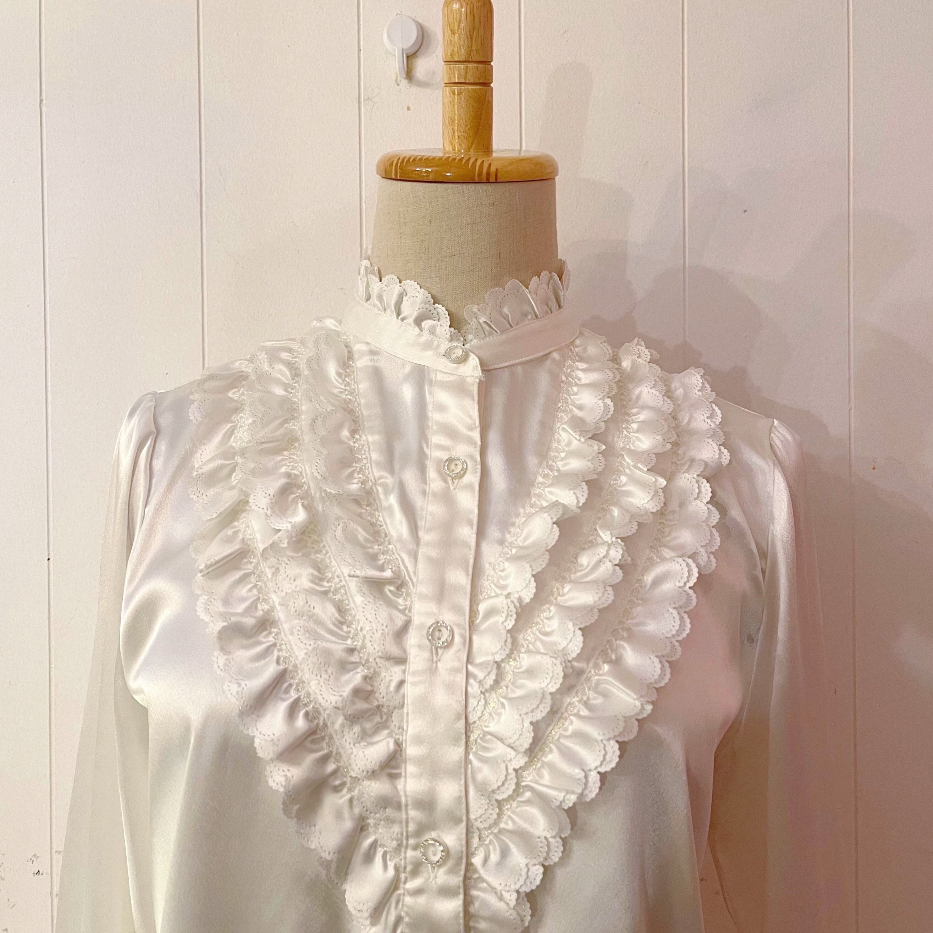 white frill stand collar blouse