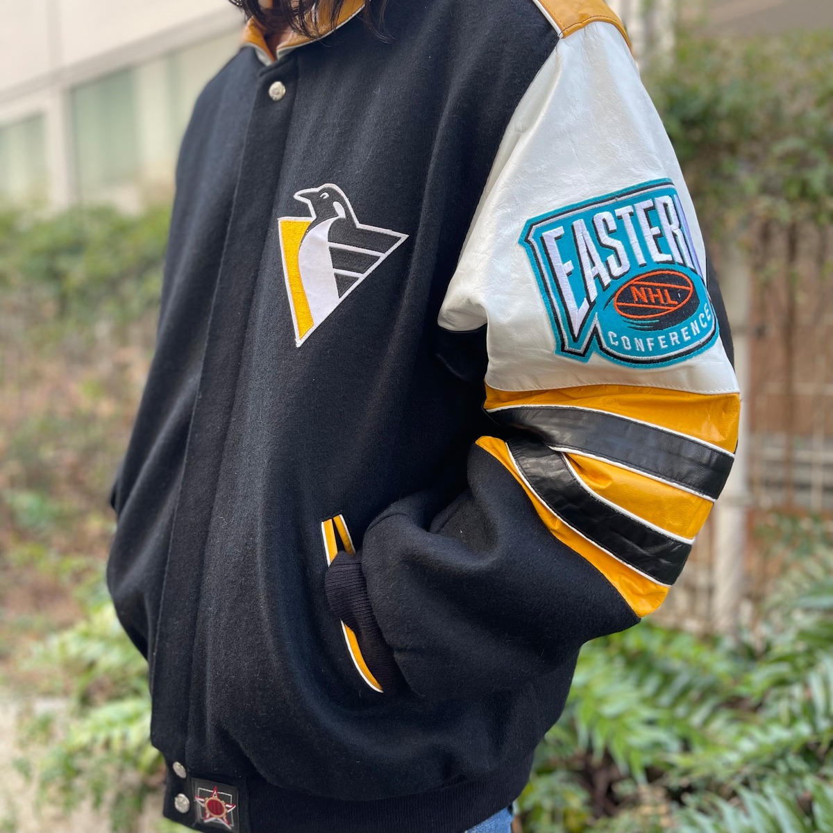 USA製 sizeXL【 Pittsburgh Penguins 】ピッツバーグ ペンギンズ JHデザイン ウールジャケット レザー