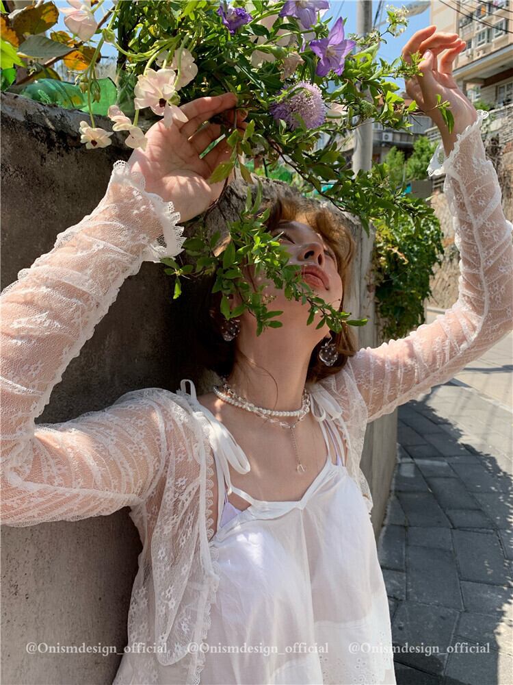 薄手シャツ サマーショートレースラウンドネックカーディガン ロング 夏物 Oネック ビッグFスモールZ韓国73391740588