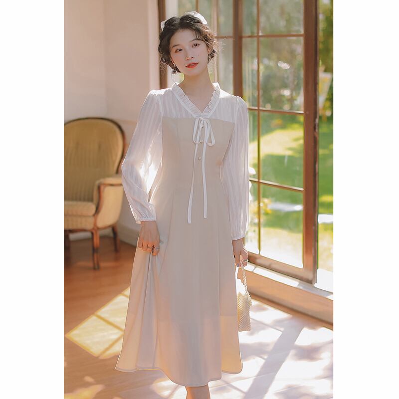 書槿笙シリーズ ロングワンピース 2color 緑orベージュ デート 女子会 通勤 長袖ワンピ 秋コーデ Elegant