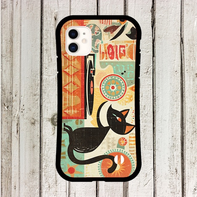 iPhoneケース 黒猫 DJ 音楽｜ターンテーブル 北欧レトロ CAT013