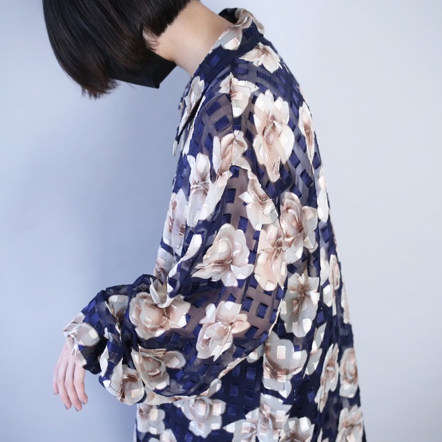 beautiful flower and block pattern over silhouette see-through shirt