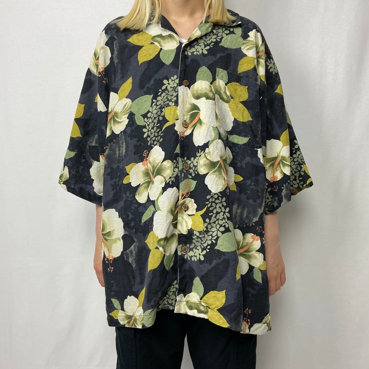  Bahama シルク100% シャドー総柄 開襟シャツ アロハシャツ Tommy Bahama トミーバハマ 半袖 シルク ハワイアン アロハシャツ