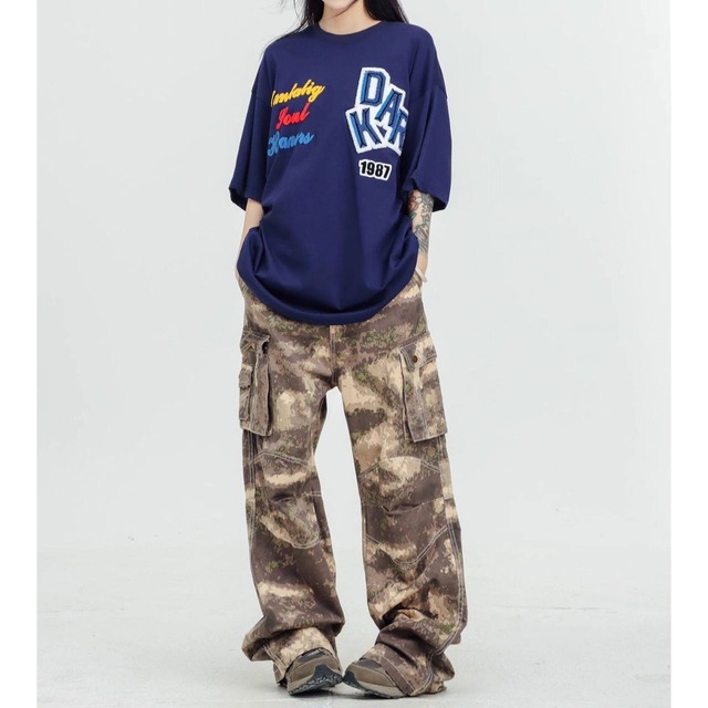 ロゴステッチハーフスリーブオーバーTシャツ 2col   R01953