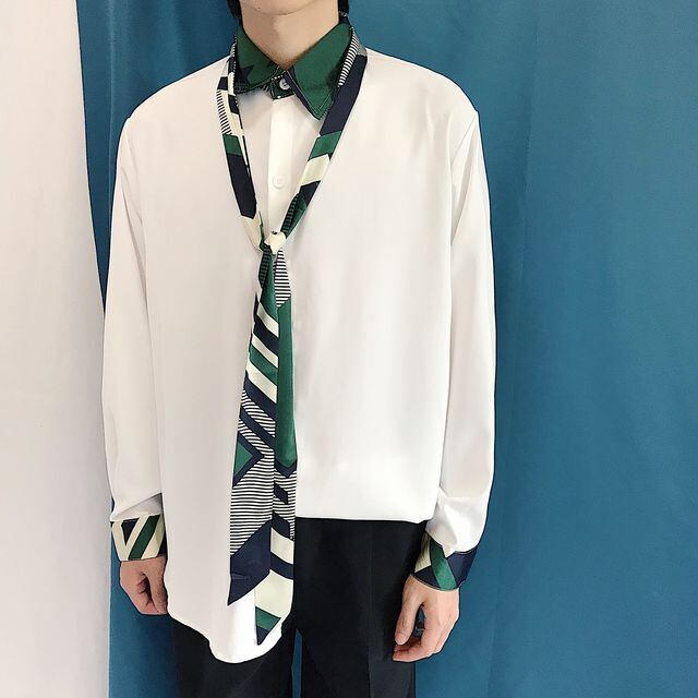 【予約販売】シャツ 長袖 レトロ メンズ ヴィンテージ風 ベージュ ホワイト スカーフ シック 大人 こなれ感 お洒落 韓国 トレンド 秋冬 M/L/XL