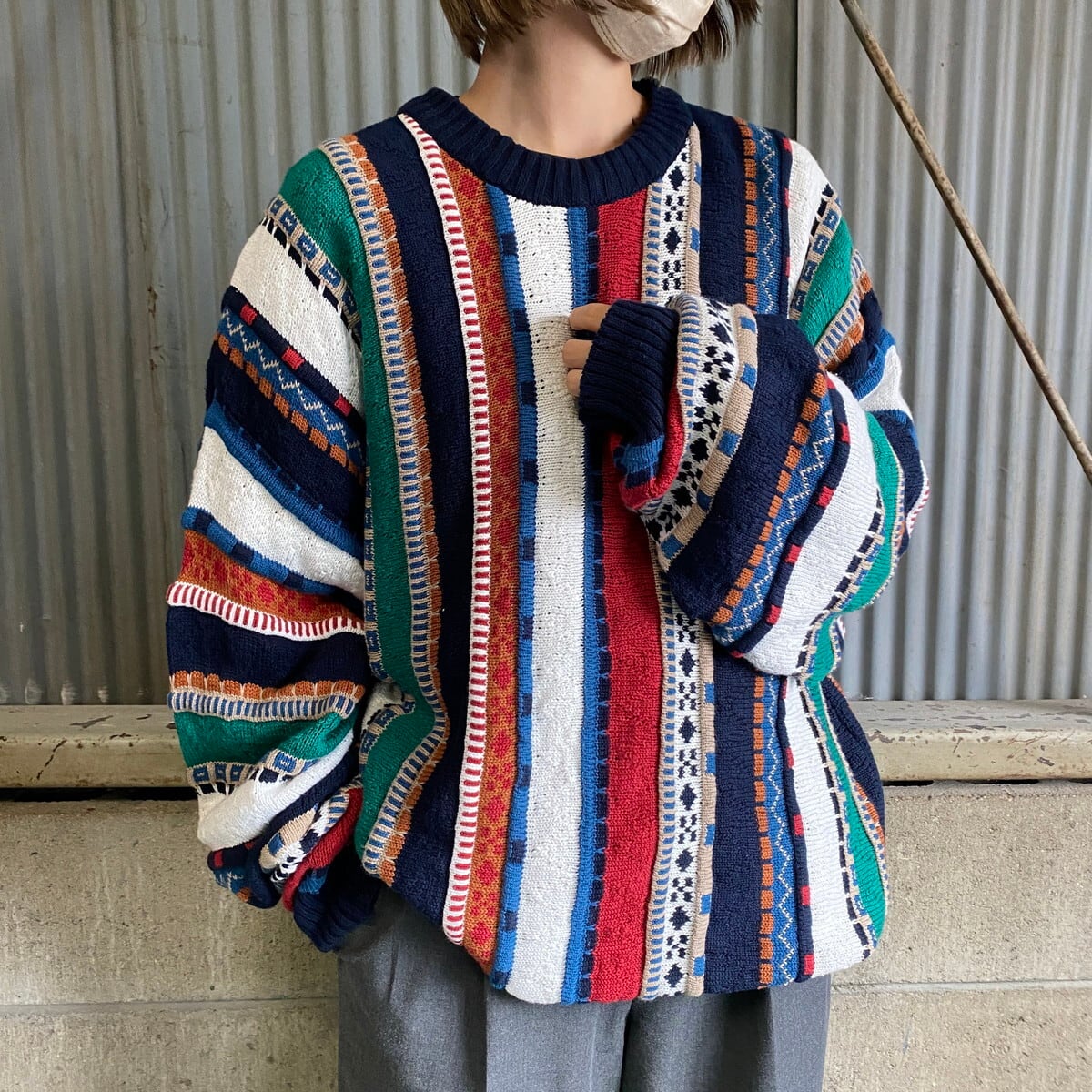 COTTON TRADERS クージー風 3Dニット 総柄 コットンニットセーター 