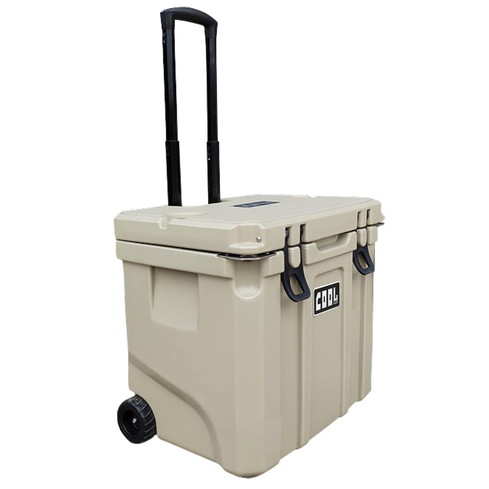 クーラーボックス (35L 37QT / キャスター付き) 多機能 クーラー 保冷ボックス 車載 冷蔵庫 (長期保冷/UV耐性/栓抜き/氷保存) アウトドア 冬キャンプ 釣り 凍結防止 災害 防災 夏キャンプ (ベージュ) 熱中症対策