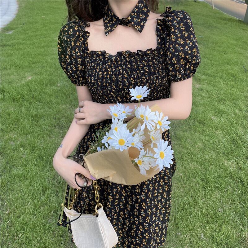 ワンピース 花柄 フローラル 小花柄 フェイクカラー 襟 つけ襟