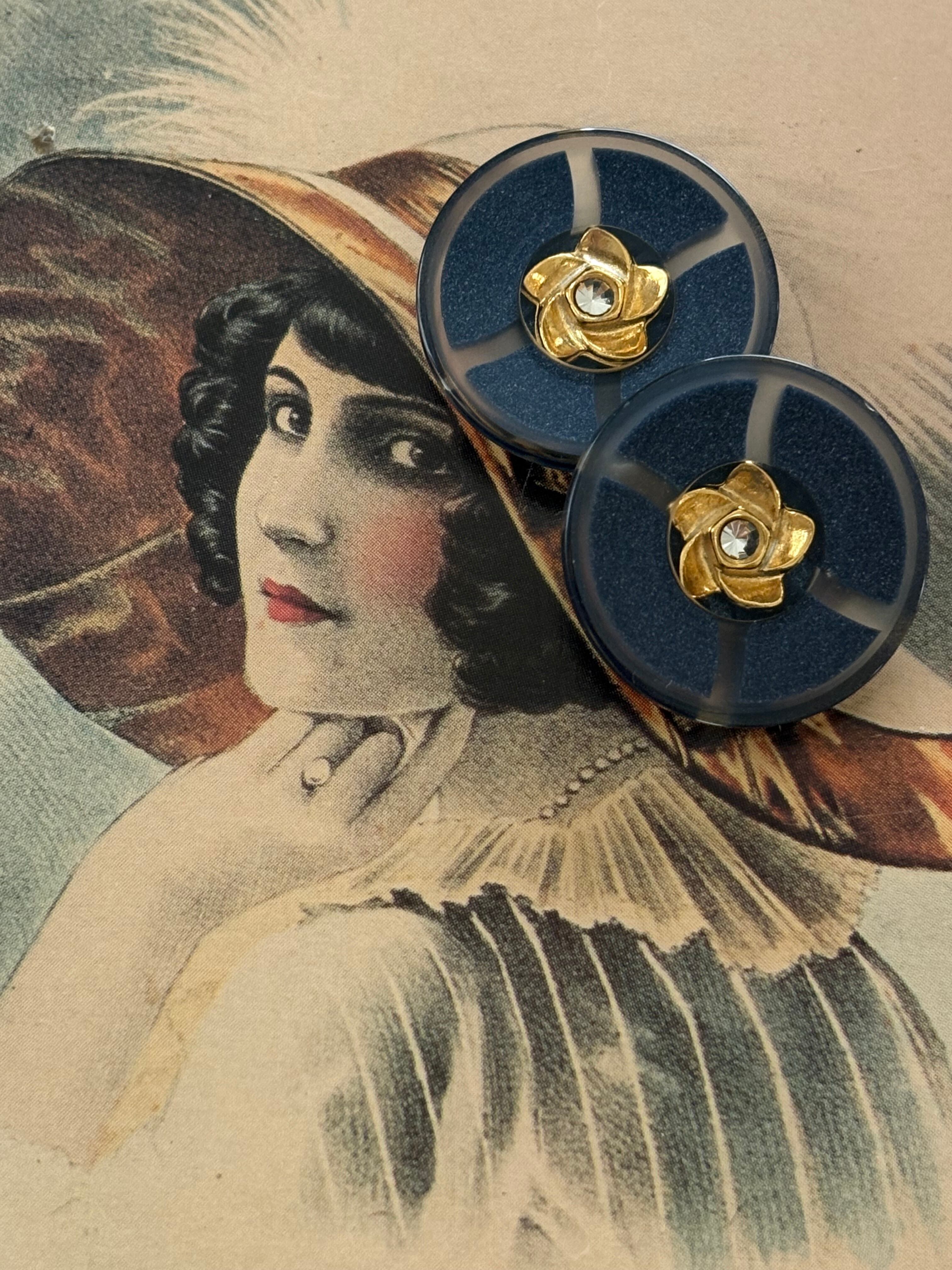 23mm Japanese Vintage ボタン フラワー ストーン ネイビー レトロ アクセサリーパーツ カルトナージュ デコレーション