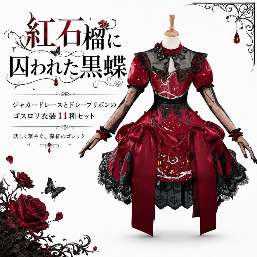 紅石榴に囚われた黒蝶 ジャカードレースとドレープリボンのゴスロリ衣装11種セット