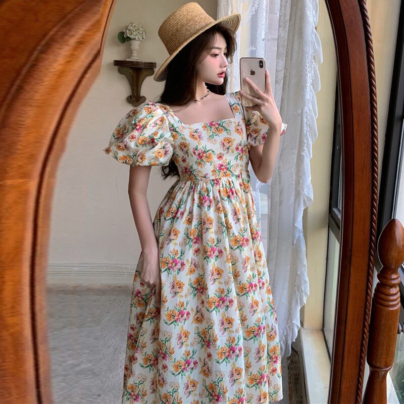 スタイルサマーフローラルスリーブバックドレス レディース 夏物 花柄 スクウェア ハンチェンe48593822847