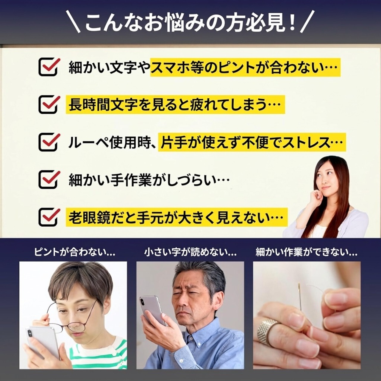 メガネ装着 クリップ式 ルーペ 拡大鏡 老眼 対策 両手作業 読書