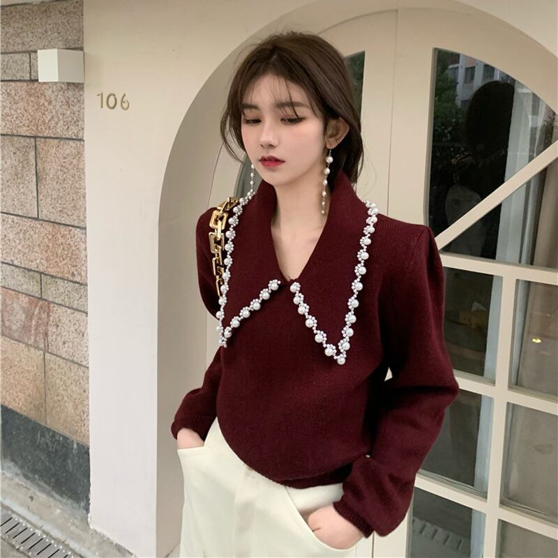 ニットセーター ショートカラースリムレッドトップス スタイルシャツ オータム 秋物 ウィンター 冬物 ブラックストロベリース93277223602