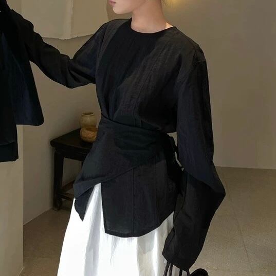 ラップ風 長袖 ヒップ丈 ブラウス YH9684