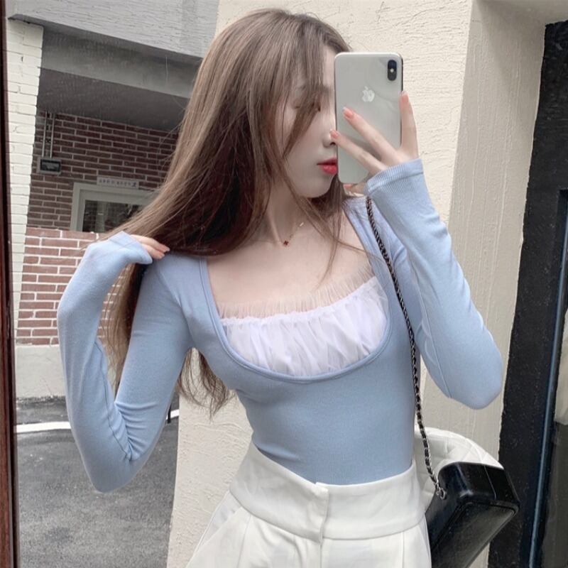 ブルーレースプルオーバー シャツ トップス レディーススプリング ロング 春物 スクウェア YY-ファッション21526853745