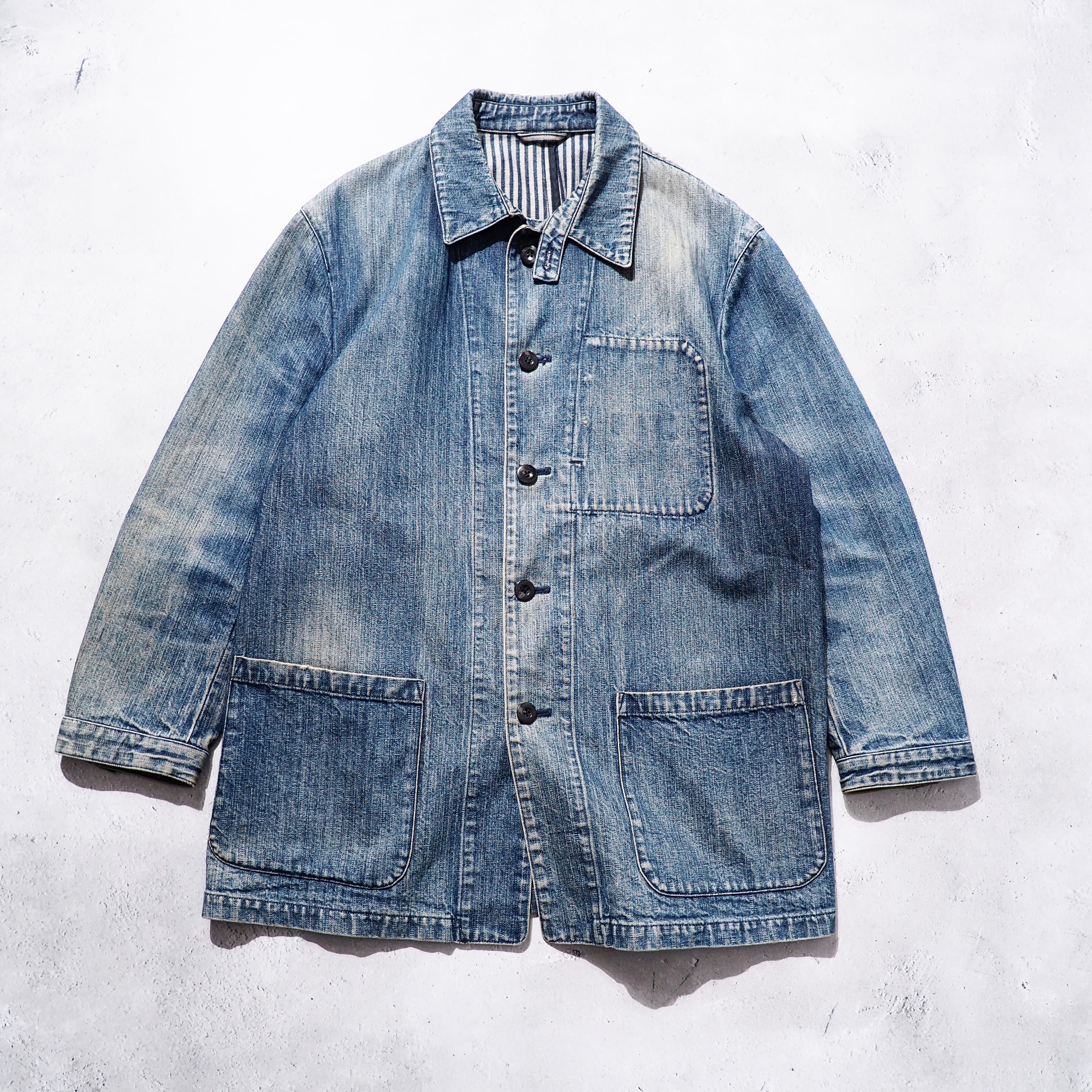 1990s " New Yorker " Beautiful Aging Indigo Denim vintage Cover All jacket