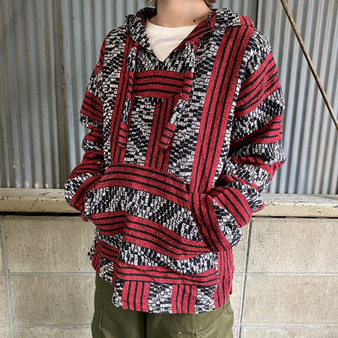 メキシコ製 メキシカンパーカー ラグパーカー メンズM 古着 レッド 赤 