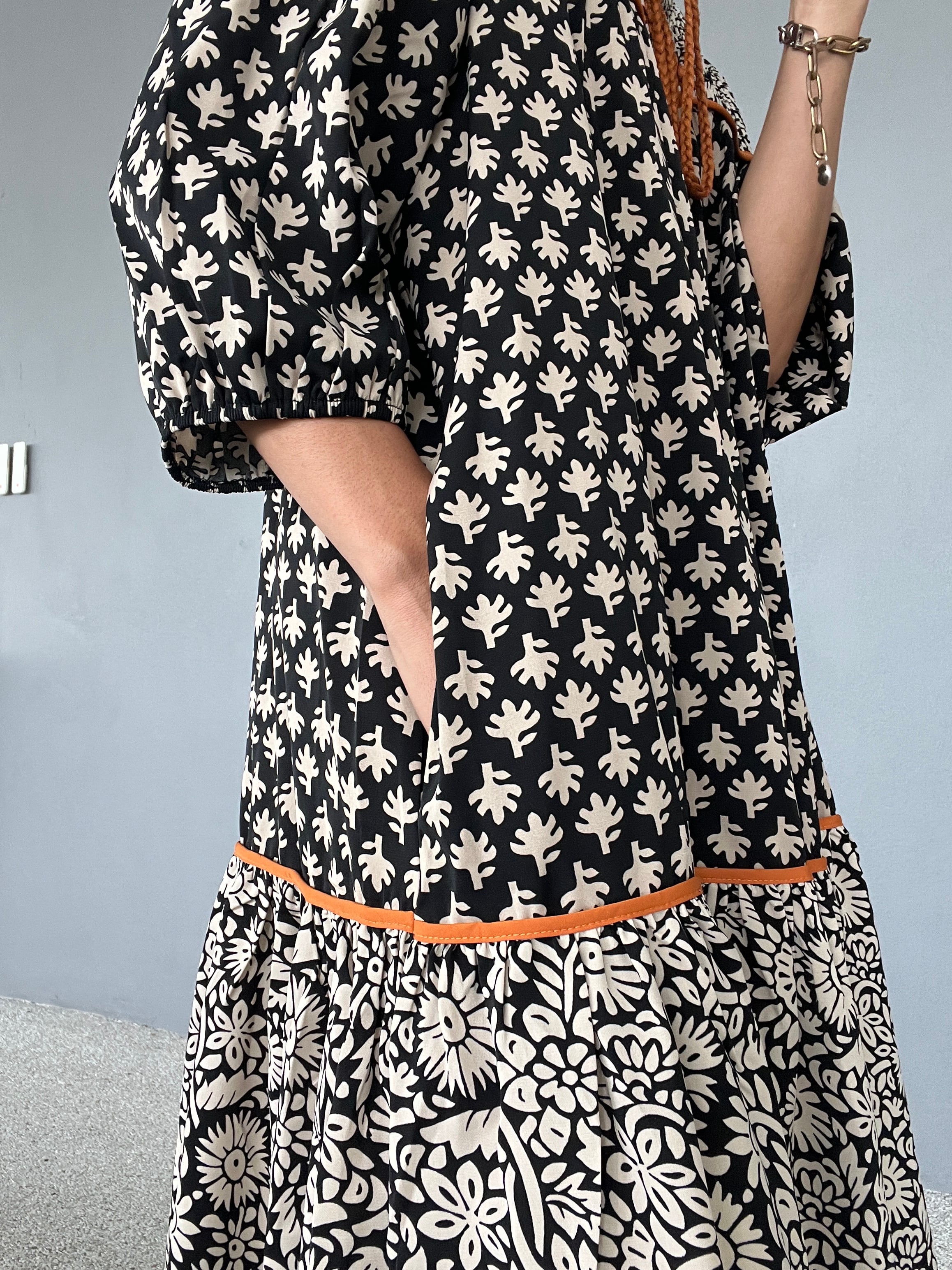 MARIA グレースボタニカルミックスロングドレス　8分袖エスニックワンピース 低身長8分袖ミドル丈】Grace Botanical mix long dress | MARIA