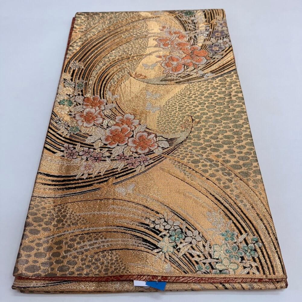 中古 振袖用帯 正絹 草花 六通柄 ゴールド Bランク 431cm 6236
