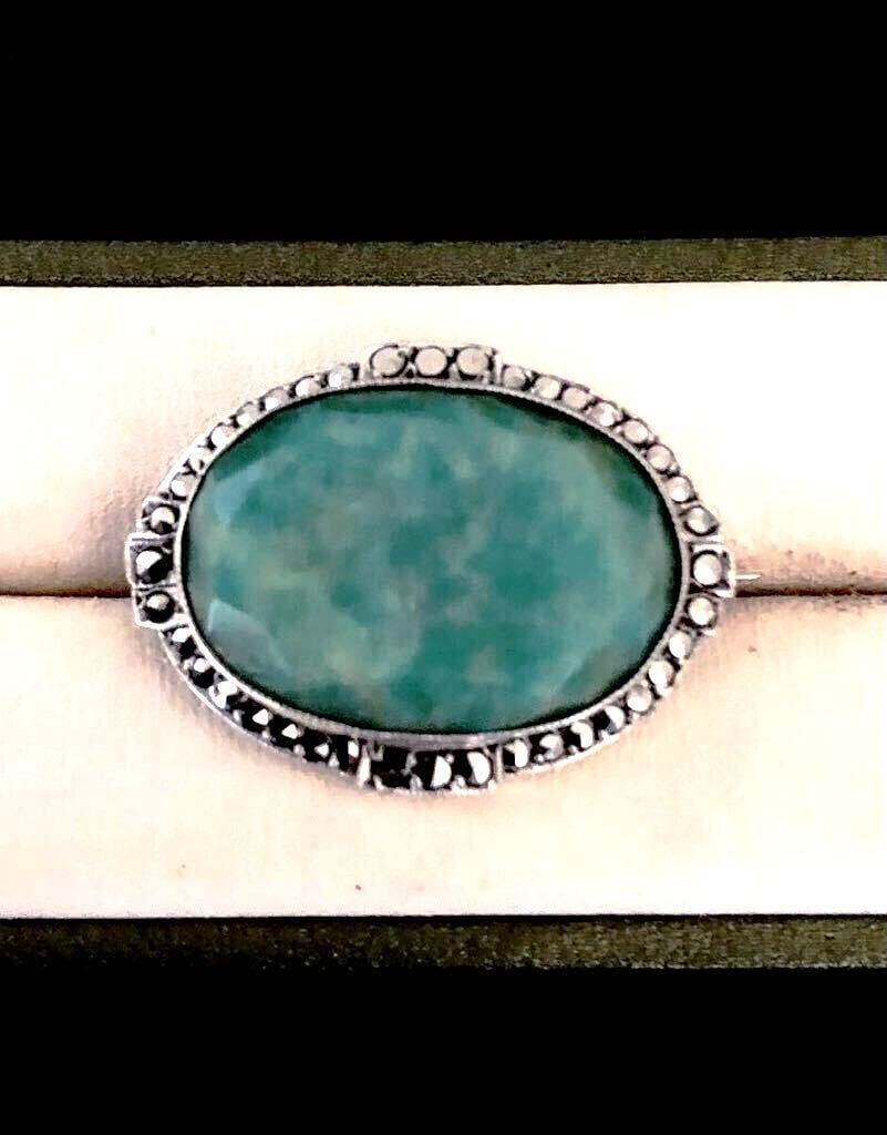 欧州アンティーク ブローチ マーカサイト グリーンアゲート石 ブローチ