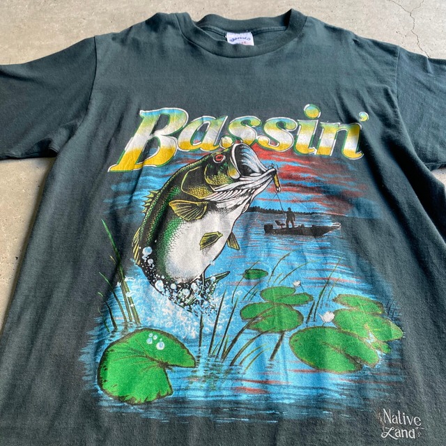USA製 90年代 ブラックバス 魚 フィッシング プリント Tシャツ メンズM 