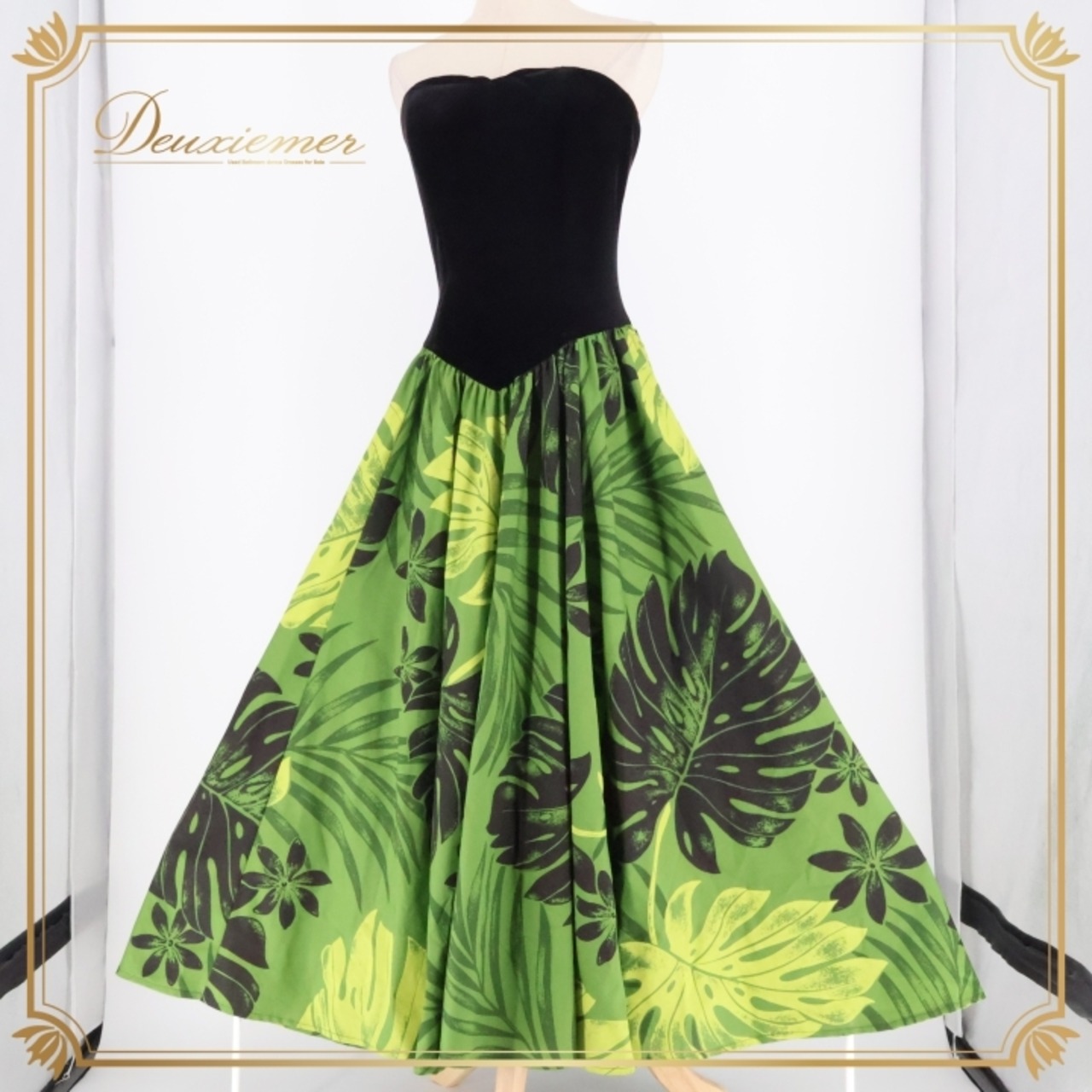 フラダンス 衣装 ワンピース ドレス u'ino! ブラック系 グリーン系 ハワイ製 ベロア チューブトップ 異素材 かわいい 華やか 鮮やか 高級感 光沢 上品 きれい 黒 緑 ハワイアン アロハ ハワイアンプリント フラ ダンス レッスン 練習 おしゃれ