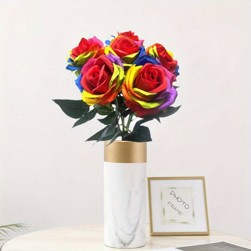 造花 薔薇 バラ レインボー 6本セット おしゃれ かわいい インテリア 人工 フェイク フラワー デコレーション プレゼント