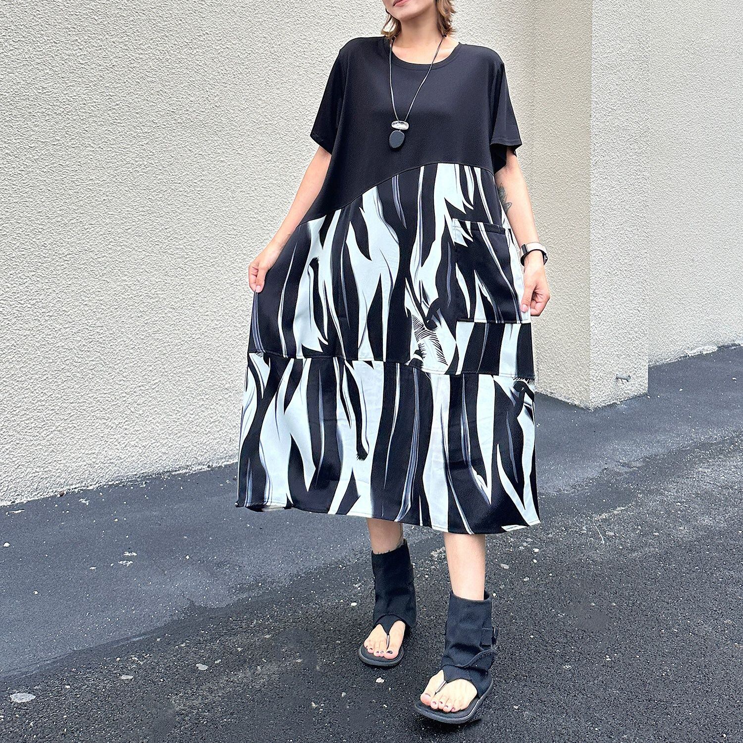INK PRINT PANEL LOOSE FLOWY LONG DRESS M-17579