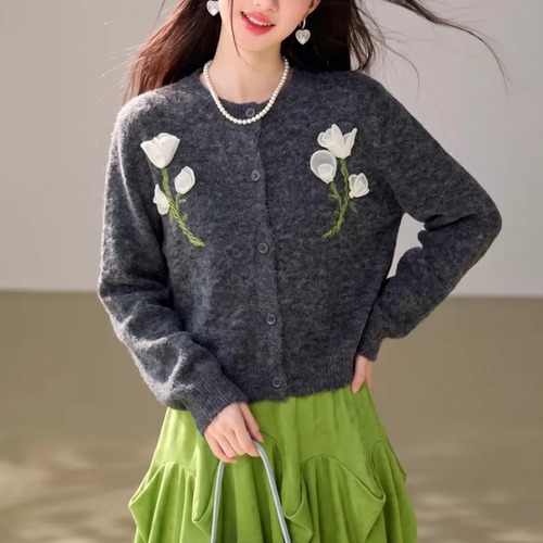 シフォンフラワーモチーフニットカーデ ・79459
