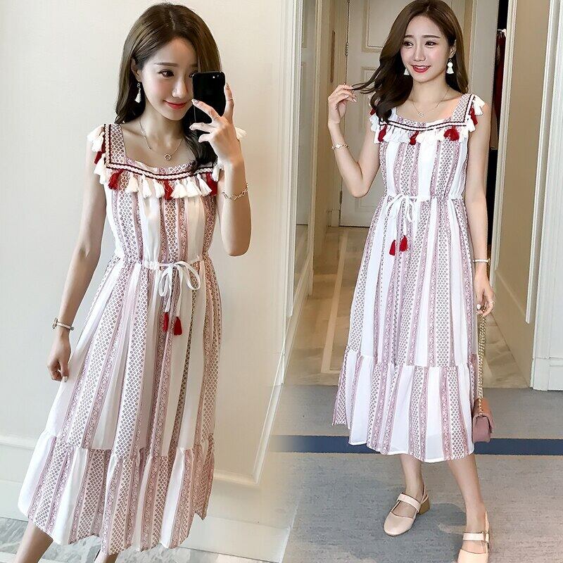 【新作】【送料無料】 マタニティ服マタニティタンクドレス夏ノースリーブ妊婦ストライプシフォンドレススリムウエストフリルドレス ラッフル サマー 夏物 AL expec35297818100